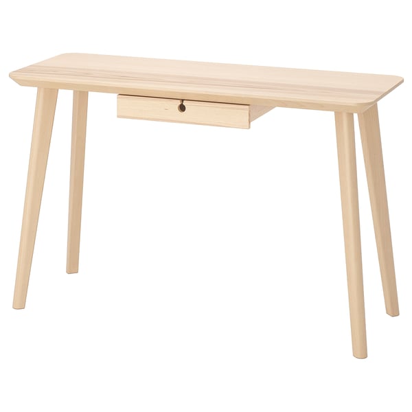 LISABO light wood desk with single drawer, light natural grain, four angled legs.