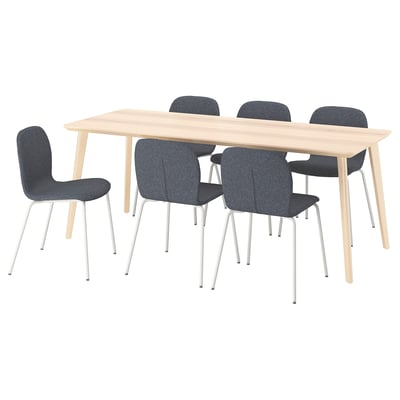 LISABO: 6-seat dining set with light wood table and blue chairs; modern design.