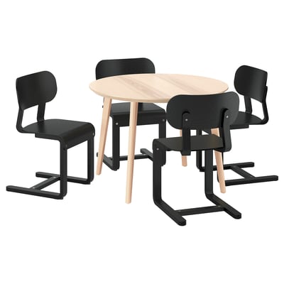 LISABO black table set: round, light wood top, dark chairs, cantilever design.