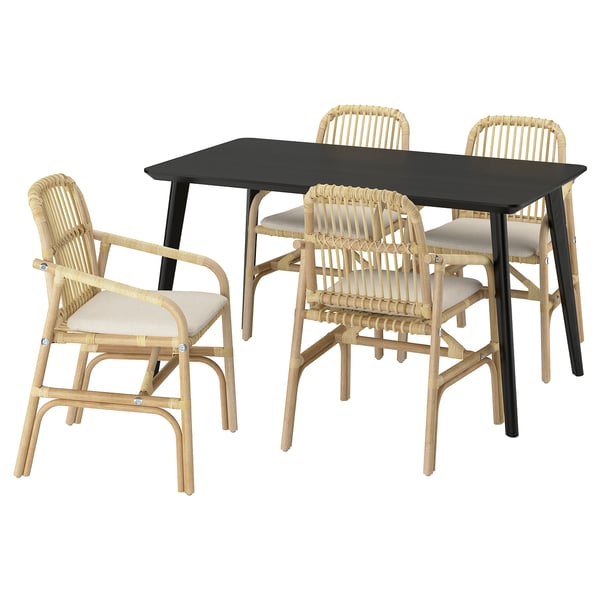 Displays a LISABO dining set with a black rectangular table and four wicker chairs with beige cushions.