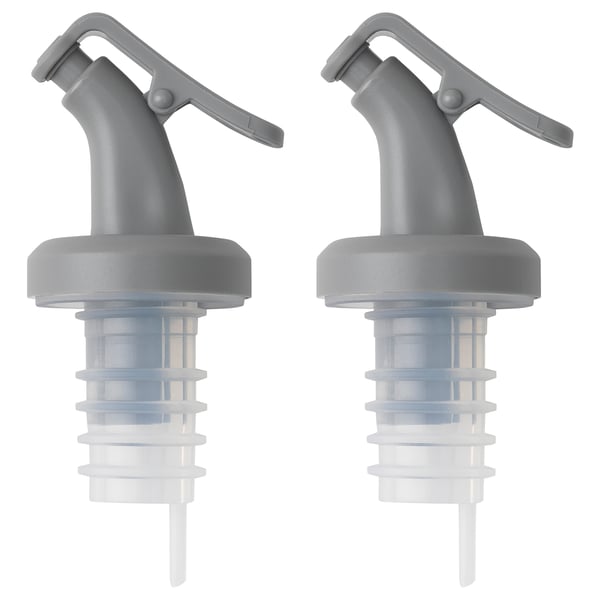 Two gray LÖSTAGBAR pourers for liquids, no spills.