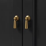Modern black cabinet with sleek, gold handles; stylish and functional design.