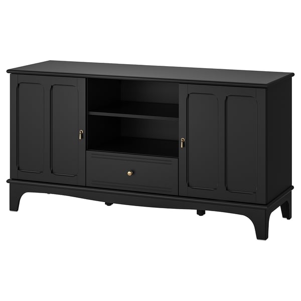 Black LOMMARP sideboard, classic design, combination of open and closed storage, durable with cable outlets.