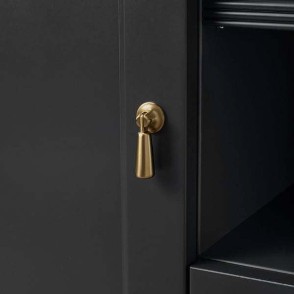 Dark cabinet with sleek, gold-colored handle. Minimalist design, high-quality finish.