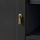 Dark cabinet with sleek, gold-colored handle. Minimalist design, high-quality finish.
