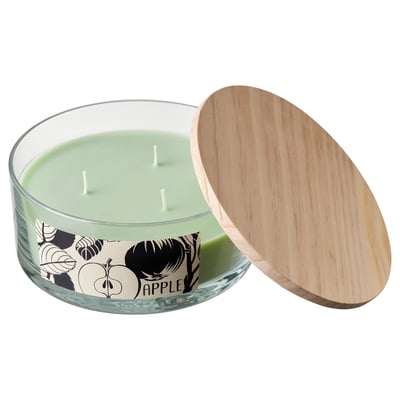 LOTSFÅGEL Scented candle/glass w lid/3 wicks, Apple light green, 25 hr