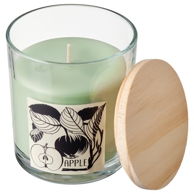 LOTSFÅGEL Scented candle in glass with lid, Apple light green, 40 hr