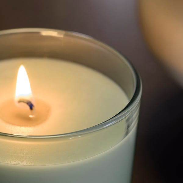 LOTSFÅGEL Scented candle in glass with lid, Apple light green, 40 hr