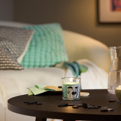 LOTSFÅGEL Scented candle in glass with lid, Apple light green, 40 hr
