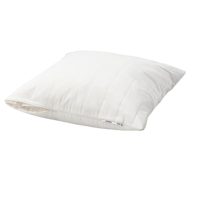 A white LUDDROS pillow protector with a zipper, made from recycled polyester and cotton for stain protection and easy washing.