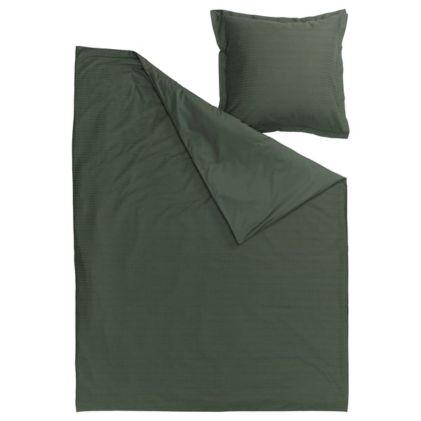 LUKTVICKER Duvet cover and pillowcase, dark green, 155x220/80x80 cm