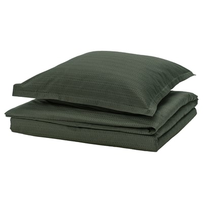 This image shows a dark green IKEA LUKTVICKER duvet set made of soft, recycled cotton with a textured waffle weave design.