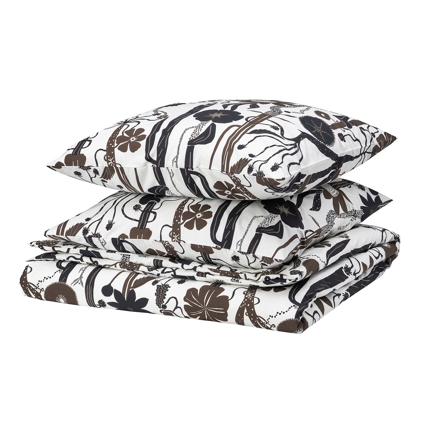 LUNDSKAFTING duvet set, white with black wildflower pattern, crisp cotton/lyocell blend, rectangular with zipper closing.