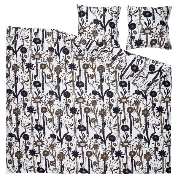 LUNDSKAFTING duvet set, white, botanical print, cotton/lyocell, zip closure.
