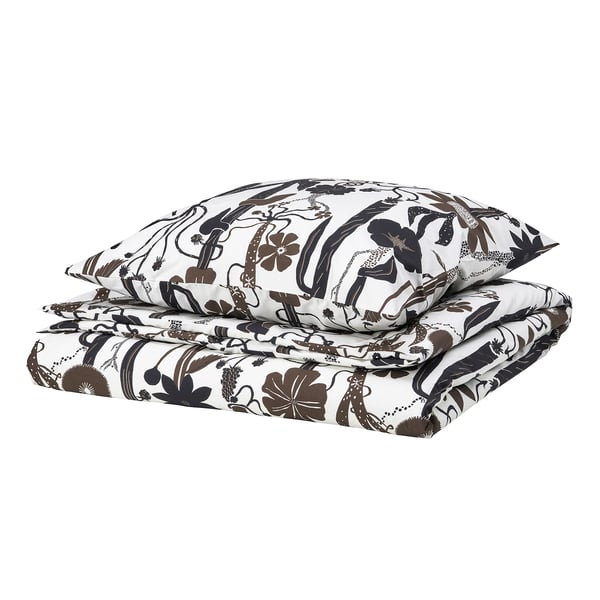 A LUNDSKAFTING duvet cover set in white with brown botanical pattern, rectangular, crisp, and fresh.