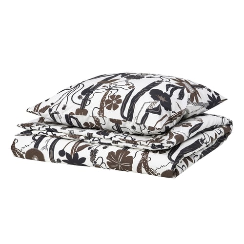 A LUNDSKAFTING duvet cover set in white with brown botanical pattern, rectangular, crisp, and fresh.