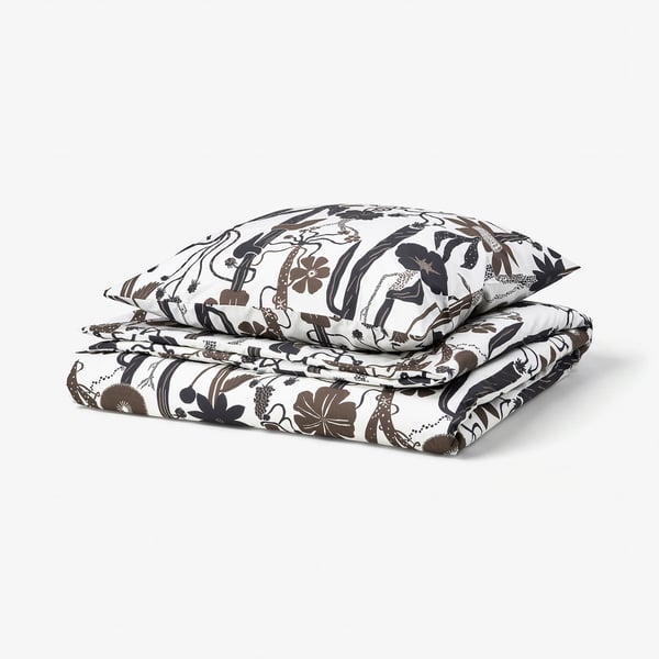 Folded duvet set with floral pattern, white & brown, cotton/lyocell blend.