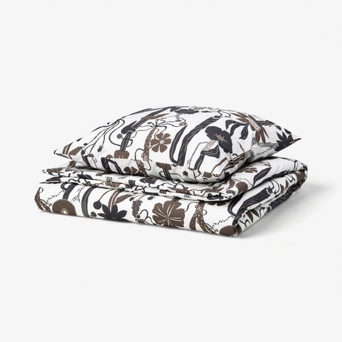 Folded duvet set with floral pattern, white & brown, cotton/lyocell blend.