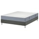 A LYNGÖR bed set with a grey mattress and base. The base has flat slats and grey upholstery; the mattress five comfort zones and recycled materials.