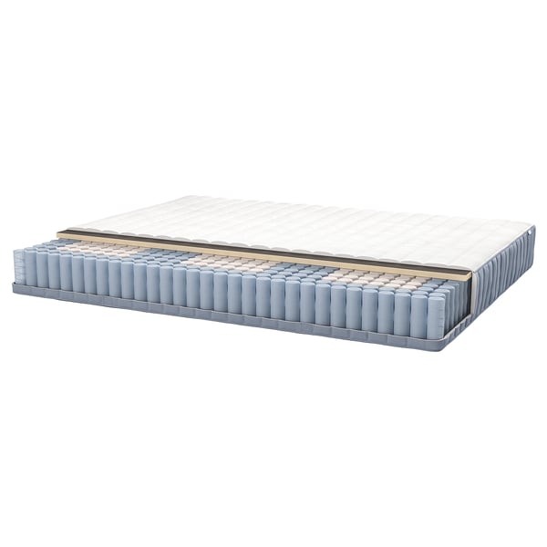 LYNGÖR mattress layers: recycled polyester top, foam, pocket springs, pine, metal.