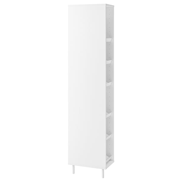 White MACKAPÄR shoe cabinet, tall, rectangular, open sides, multiple adjustable shelves.