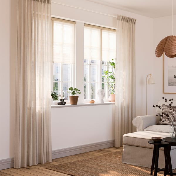 MAISTANGG Curtains, 1 pair, off-white dark grey/striped with heading tape, 145x250 cm