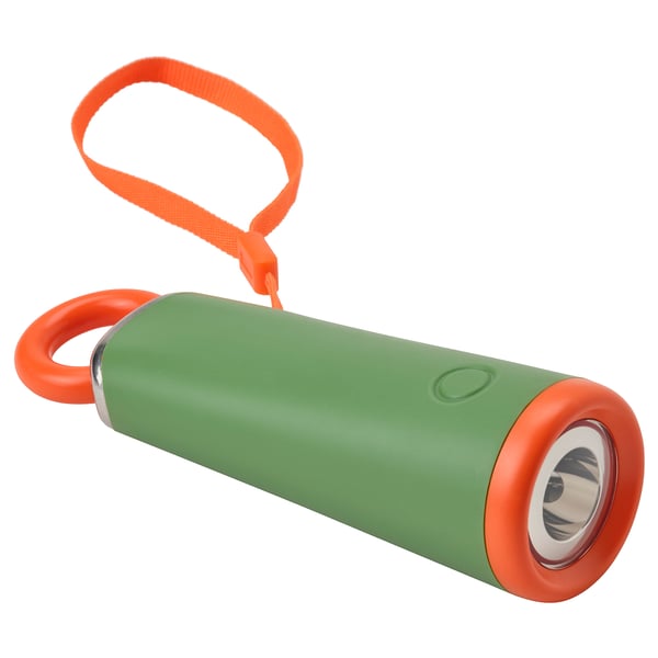 Green & orange MAJBAGGE flashlight with orange ring, strap, & silver lens.