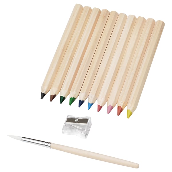 A set of 10 colorful MÅLA wood pencils with a sharpener and brush, ideal for children, arranged neatly on a white background.