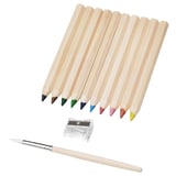 A set of 10 colorful MÅLA wood pencils with a sharpener and brush, ideal for children, arranged neatly on a white background.