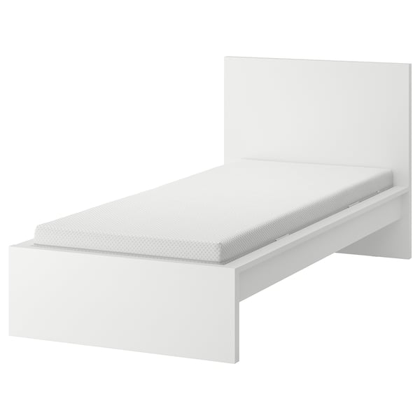 White MALM bed, modern minimalist design with high headboard, foam mattress, clean lines.