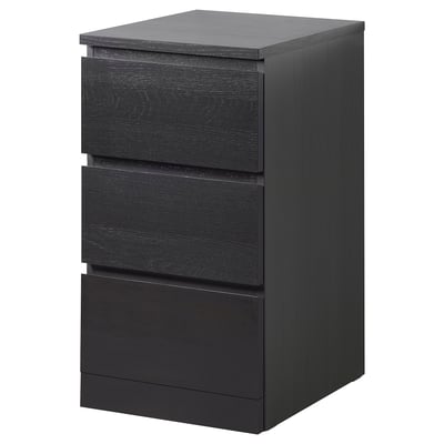 MALM black chest of drawers, sleek design, three drawers, smooth surfaces.
