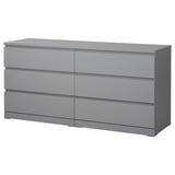 A grey MALM six-drawer chest with a sleek, modern design and smooth-running drawers.