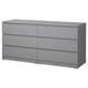 A grey MALM six-drawer chest with a sleek, modern design and smooth-running drawers.