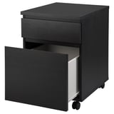 Black wooden mobile drawer unit with one open drawer, showcasing its storage and mobility.