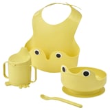 Yellow baby feeding set: bib, cup, bowl, spoon. Playful, functional design.