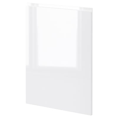White high gloss kitchen cabinet door, fiberboard with plastic foil, rectangle shape, sleek modern design.