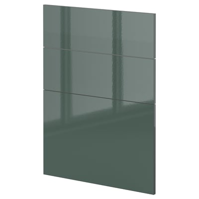 Modern high-gloss, grey-green kitchen cabinet panel with sleek design.