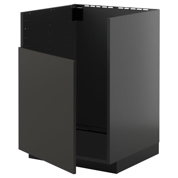 Displays a modern black kitchen cabinet, part of the METOD system. It clean lines and minimalist design.