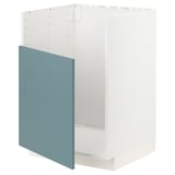 White base kitchen cabinet with turquoise door, modern design.