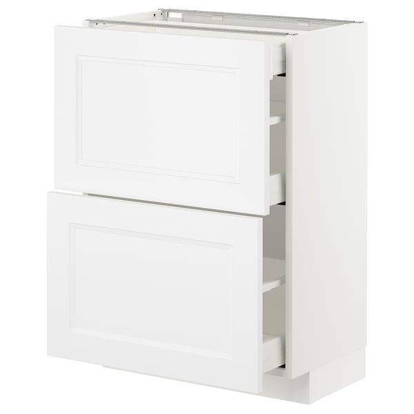 A white ikea METOD kitchen cabinet with two open drawers, displaying its storage compartments.