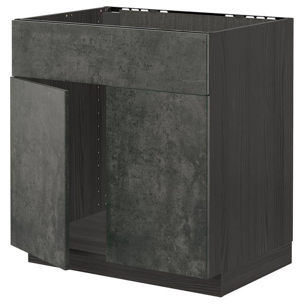 Modern dark grey kitchen cabinet, boxy design, concrete effect finish.