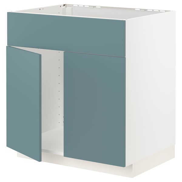 Turquoise METOD kitchen cabinet, modern design with white frame, smooth finish.