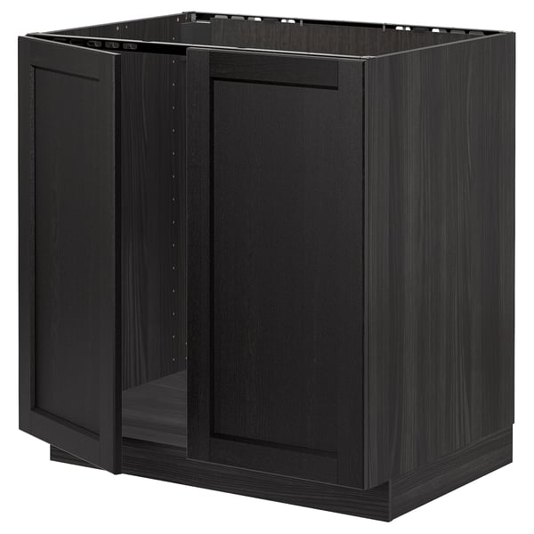 A black METOD kitchen cabinet with beveled edges. Its rectangular, made of wood and two doors.