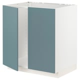 Modern kitchen cabinet in turquoise with white frame, square shape, and smooth design.