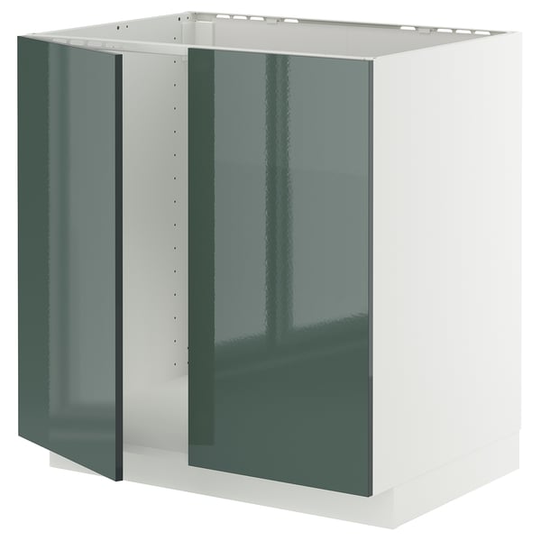 An ikea METOD kitchen cabinet with glossy grey-green doors and a white frame in a modern design.