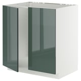 An ikea METOD kitchen cabinet with glossy grey-green doors and a white frame in a modern design.