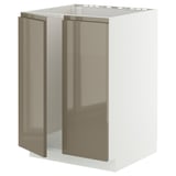 A modern, white kitchen cabinet with high-gloss, dark grey-brown doors and integrated handles, designed for a sleek and elegant look.