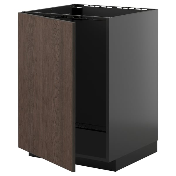 An ikea METOD kitchen unit with dark brown sinarp fronts and a metallic gray base. Its rectangular, with a wooden door and modern design.