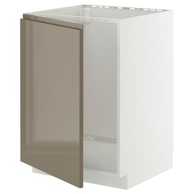 Modern white ikea METOD kitchen cabinet with grey-brown high gloss door, rectangular, sleek design.