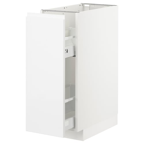 This image shows a white METOD kitchen cabinet with glass doors and pull-out shelves.